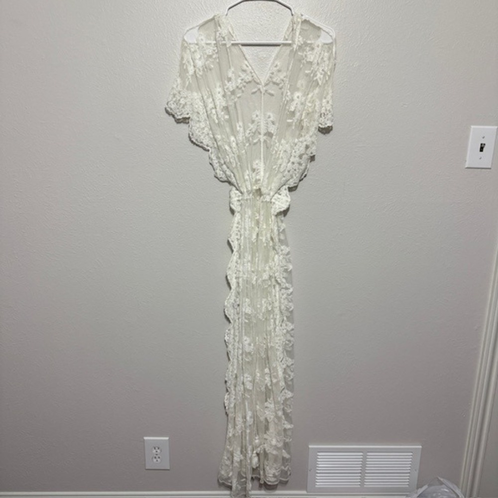Women's White Floral Lace Embroidered Boho Maxi Duster Cover Up Drawstring Waist